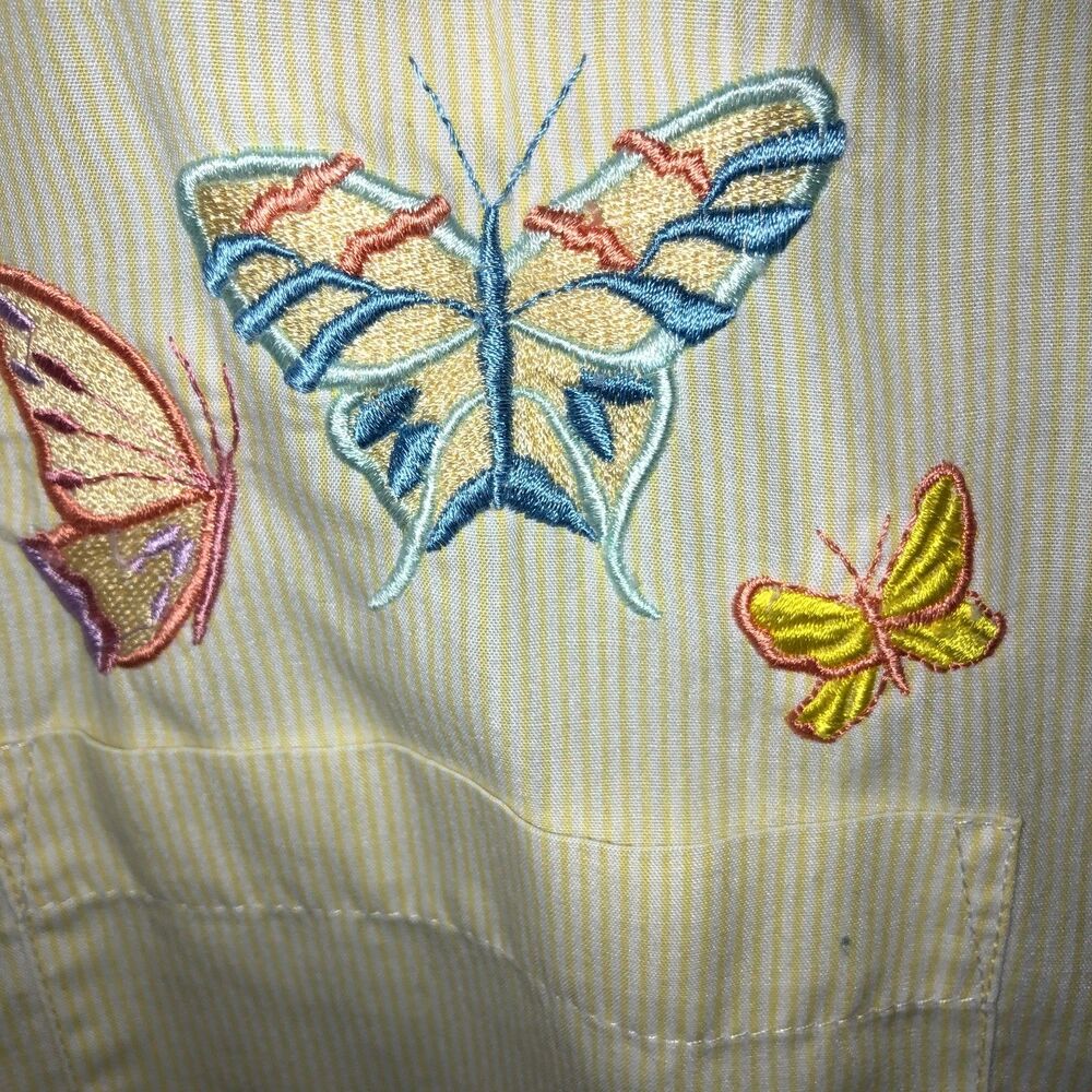VTG Las Olas Womens Large Yellow Striped Butterfly Button Up Top Blouse Shirt L - Picture 6 of 12